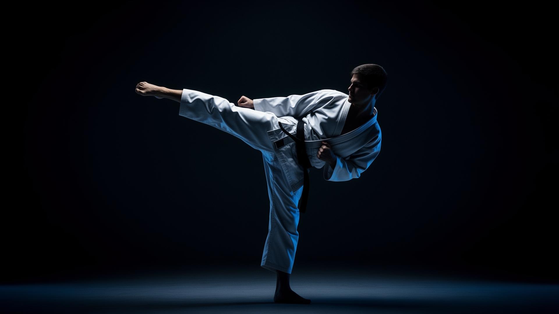 Karate practitioner mid-kick
